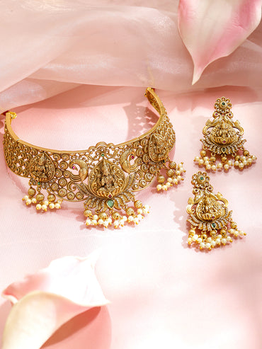 Laxmi Motif Pearl Drop Gold Choker Set