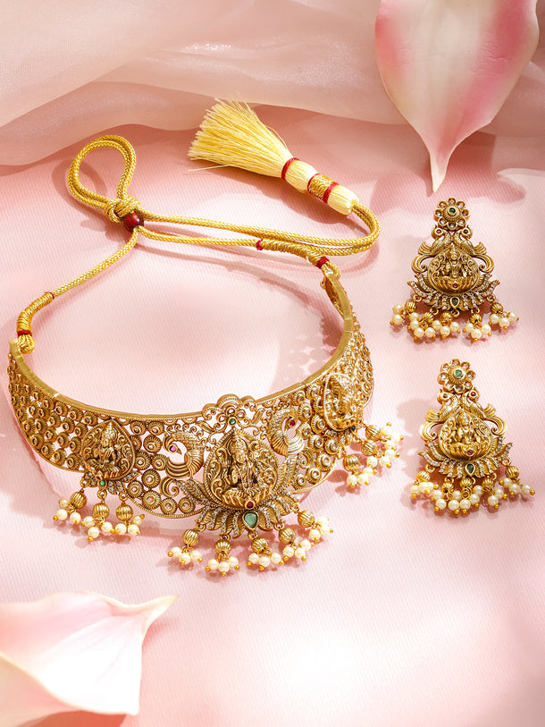 Laxmi Motif Pearl Drop Gold Choker Set