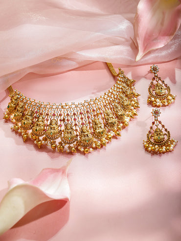 Multicolor Studded Laxmi Motif Choker Set