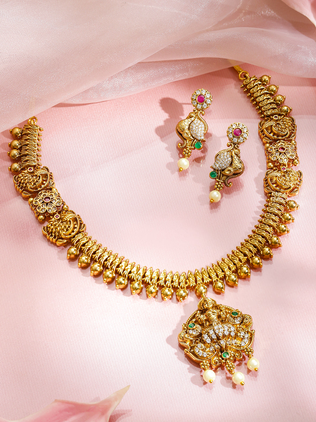 American Diamond Zirconia Peacock Motif Temple Necklace Set