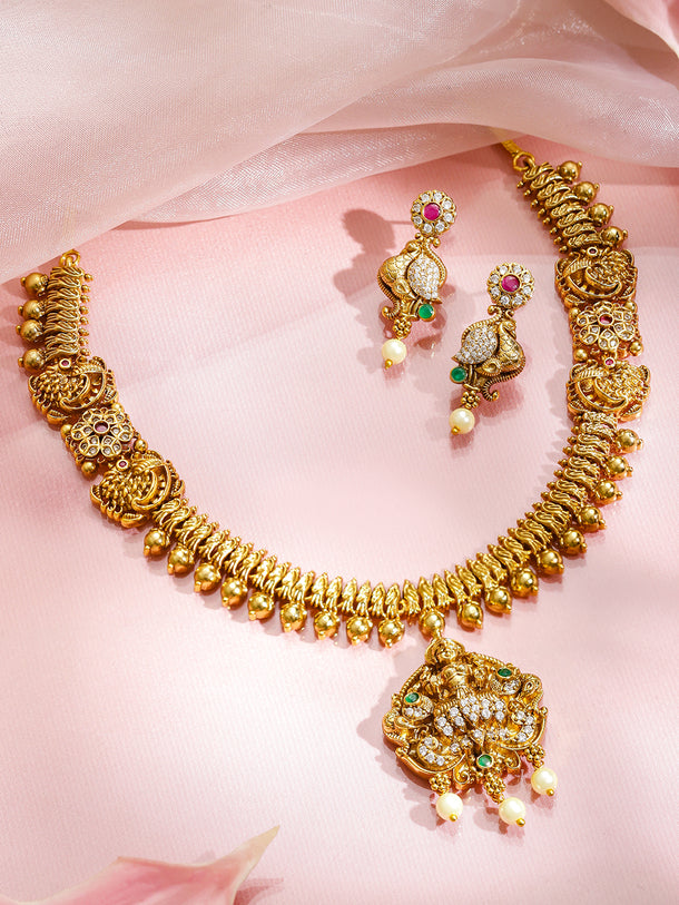 American Diamond Zirconia Peacock Motif Temple Necklace Set