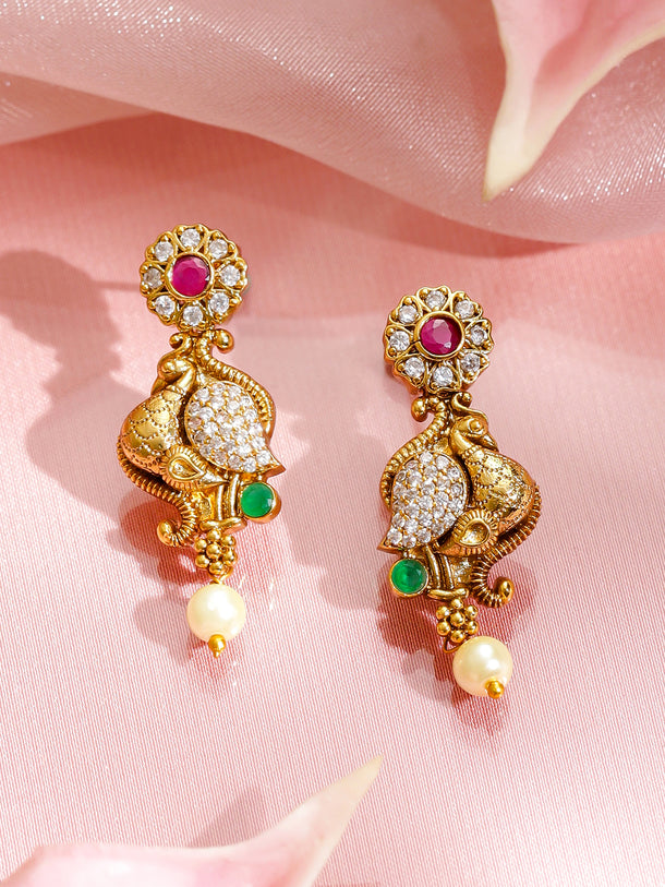 American Diamond Zirconia Peacock Motif Temple Necklace Set