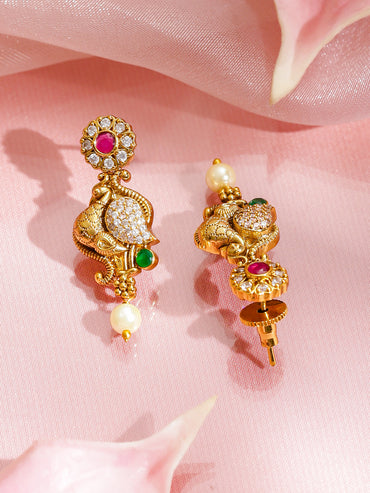 American Diamond Zirconia Peacock Motif Temple Necklace Set