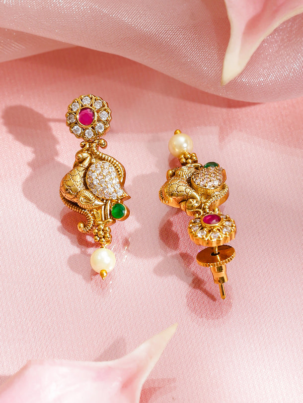 American Diamond Zirconia Peacock Motif Temple Necklace Set