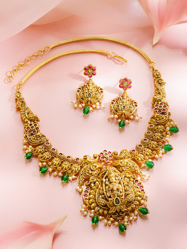 Pink Studded Green Beaded Temple Necklace Set