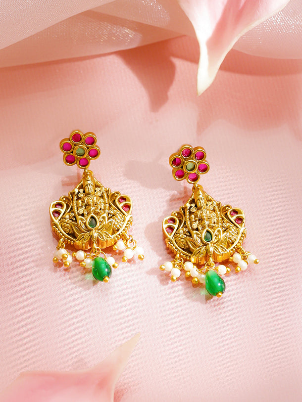 Pink Studded Green Beaded Temple Necklace Set