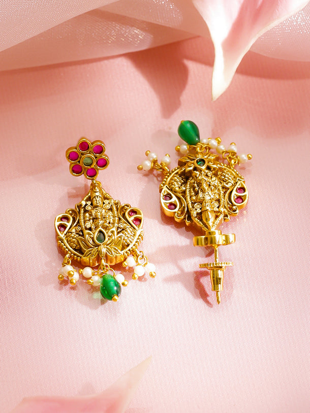 Pink Studded Green Beaded Temple Necklace Set