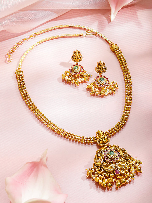 Laxmi Motif Pink Studded Necklace Set