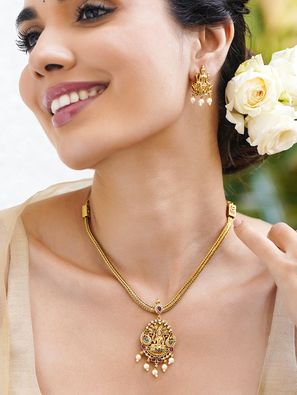 Multicolor Studded Temple Necklace Set