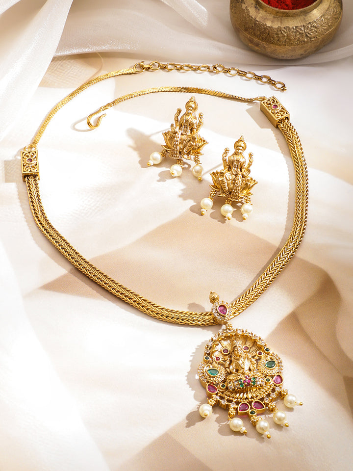 Rubans 18K Gold-Plated Stone-Studded & Beaded Jewellery Set