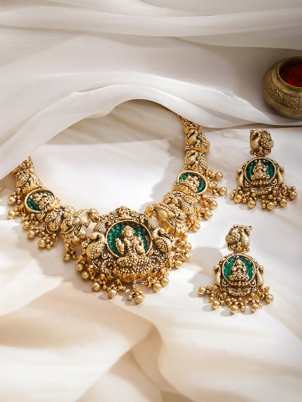 Laxmi Motif Green Bedded Gold Necklace Set