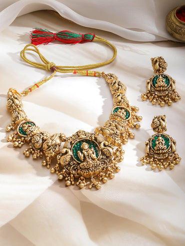 Laxmi Motif Green Bedded Gold Necklace Set