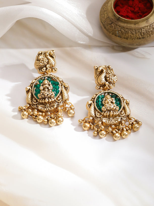 Laxmi Motif Green Bedded Gold Necklace Set