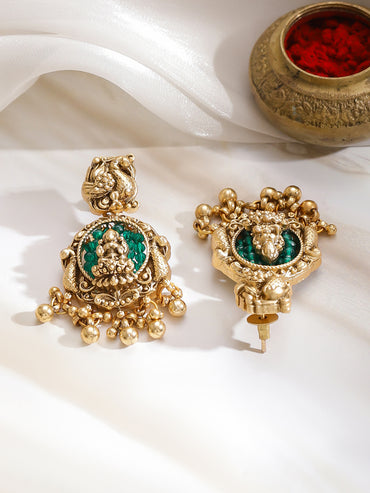 Laxmi Motif Green Bedded Gold Necklace Set