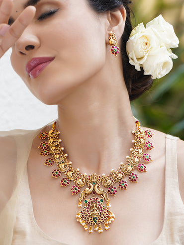 Peacock Motif Red temple Necklace Set