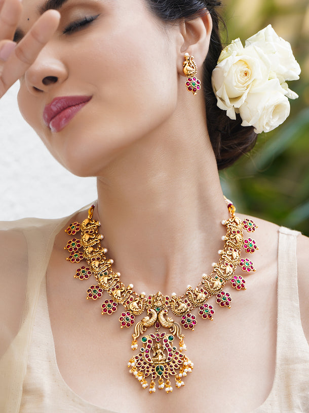 Peacock Motif Red temple Necklace Set