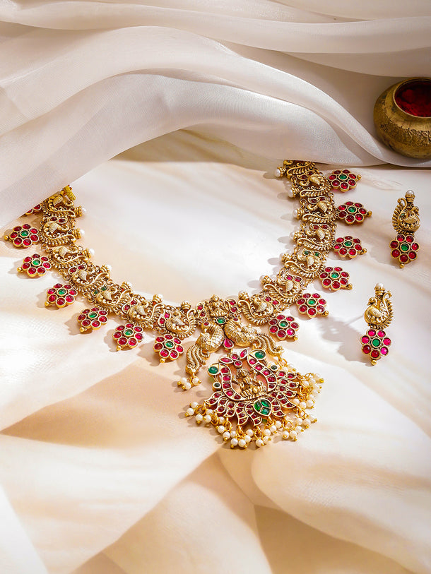 Peacock Motif Red temple Necklace Set