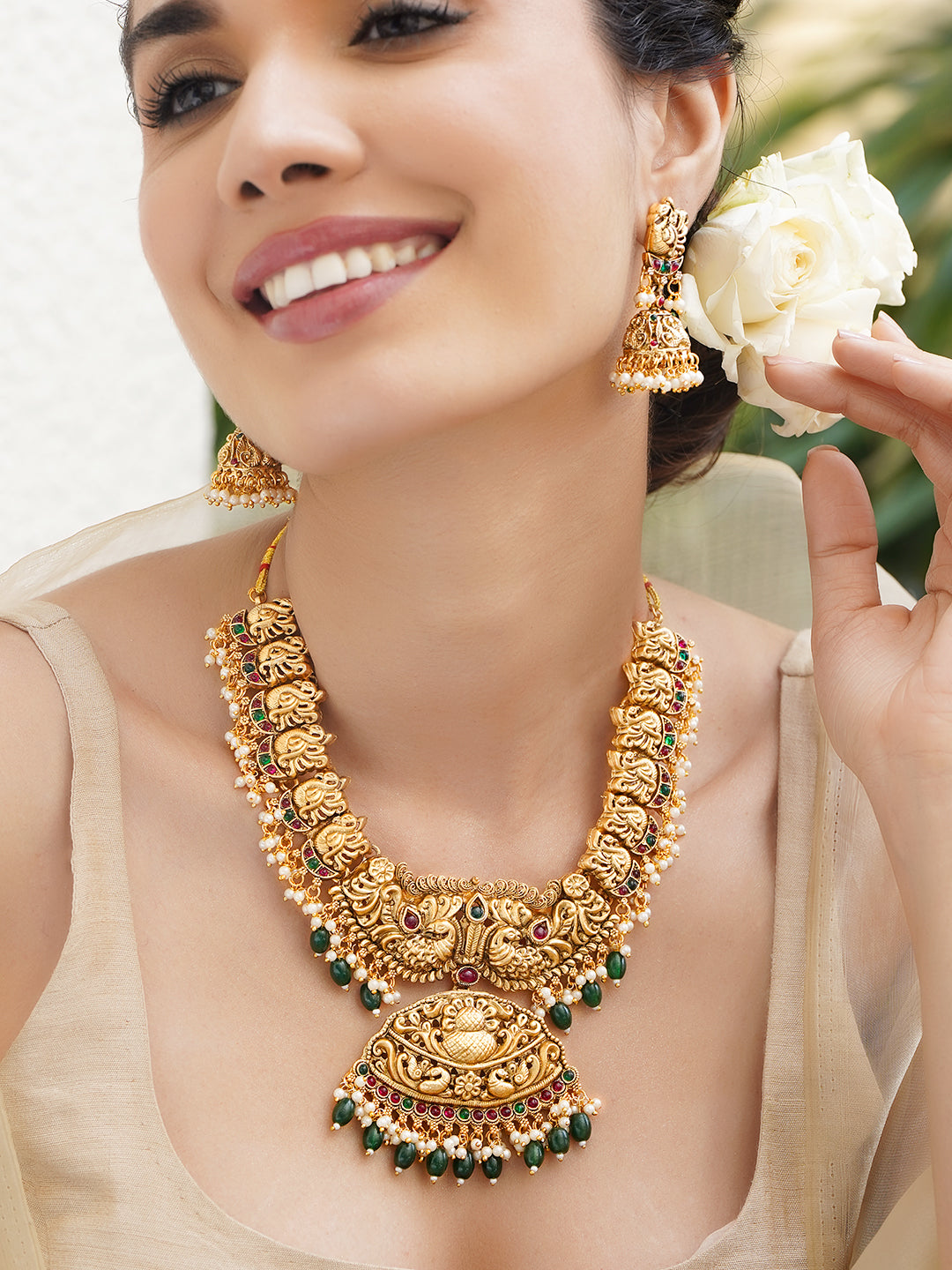 Rubans 22K Gold-Plated Stone-Studded & Beaded Jewellery Set