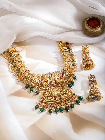 Rubans 22K Gold-Plated Stone-Studded & Beaded Jewellery Set