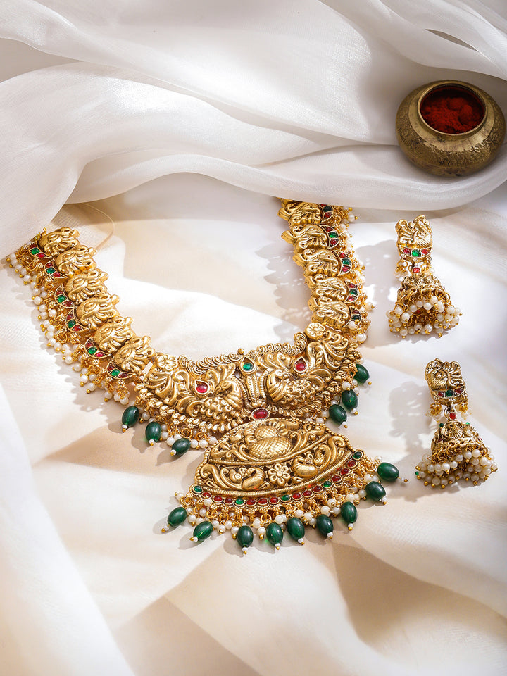 Rubans 22K Gold-Plated Stone-Studded & Beaded Jewellery Set