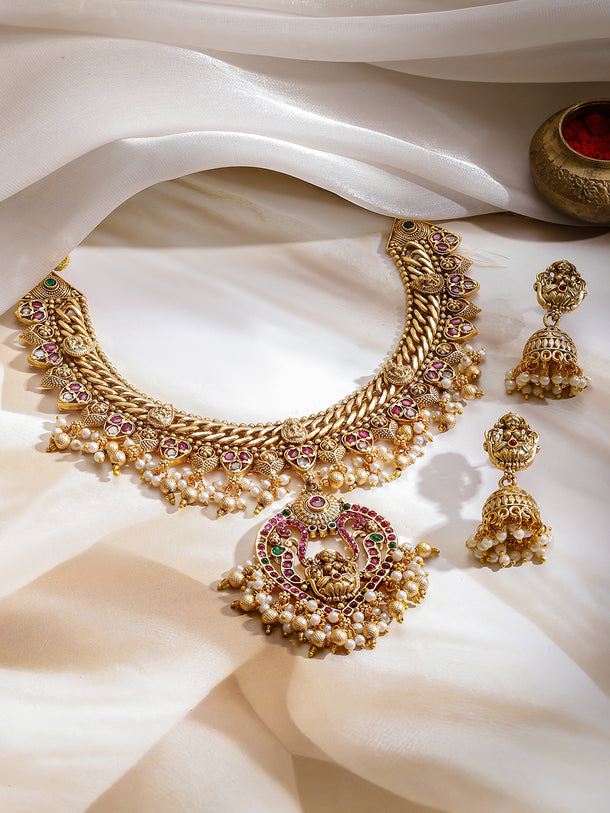 Pearl Drop Multicolor Studded Temple Necklace Set