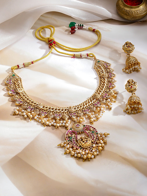 Pearl Drop Multicolor Studded Temple Necklace Set