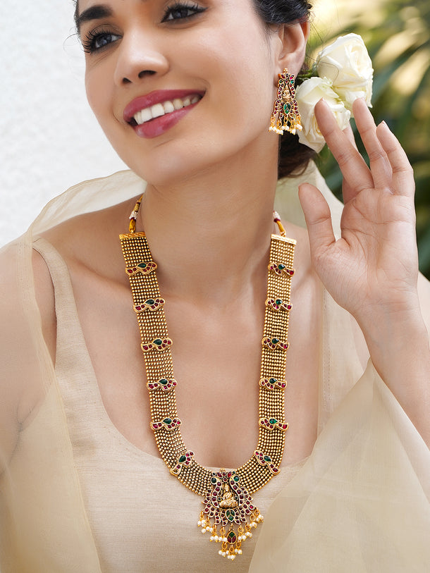 Red & Green Studded Gold Beads Temple Necklace Set
