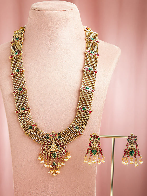 Red & Green Studded Gold Beads Temple Necklace Set