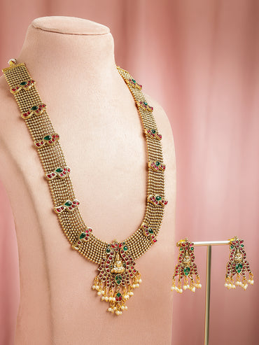 Red & Green Studded Gold Beads Temple Necklace Set
