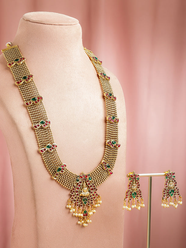 Red & Green Studded Gold Beads Temple Necklace Set