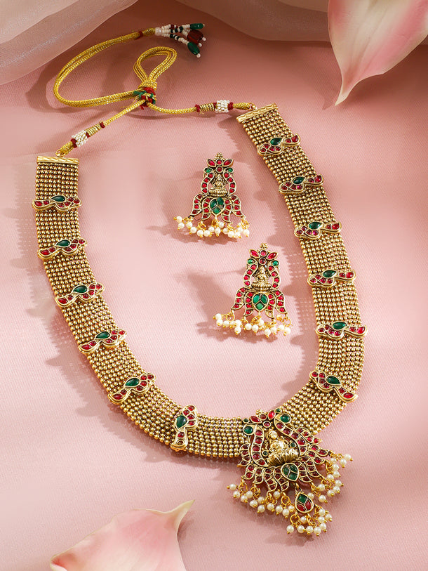 Red & Green Studded Gold Beads Temple Necklace Set