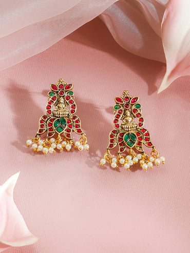 Red & Green Studded Gold Beads Temple Necklace Set