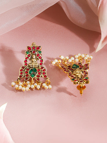 Red & Green Studded Gold Beads Temple Necklace Set