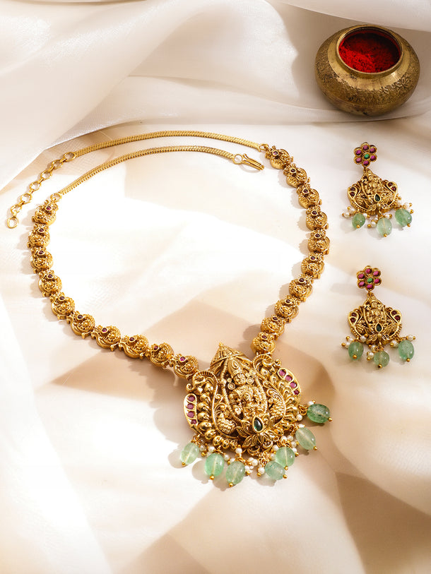 Pink Studded Temple Necklace Set With Green Beads