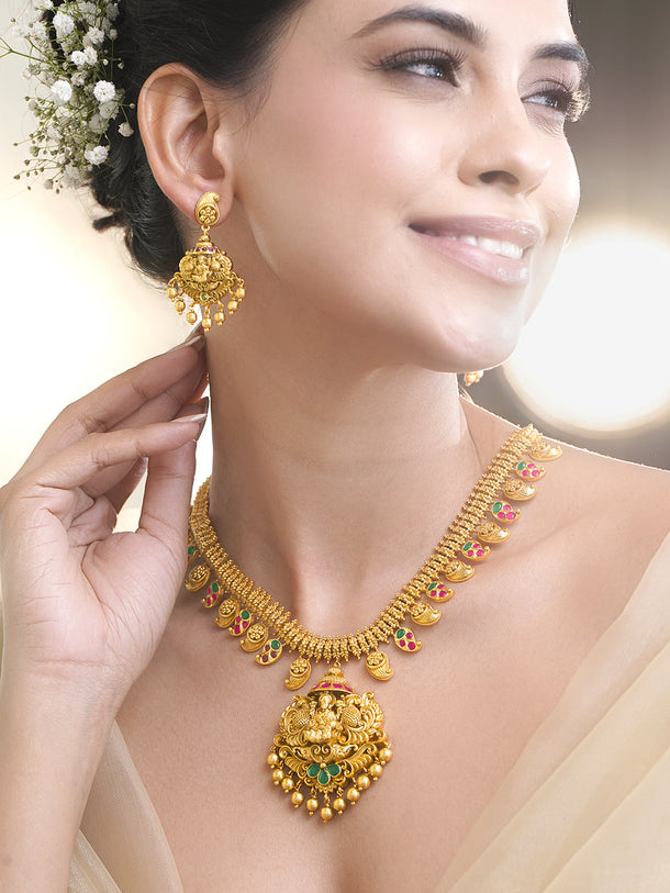 Pink Studded Leaf Motif Temple Necklace Set