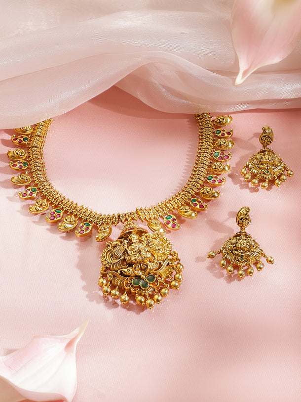 Pink Studded Leaf Motif Temple Necklace Set