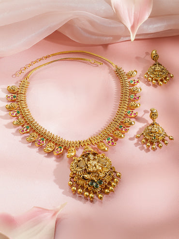 Pink Studded Leaf Motif Temple Necklace Set