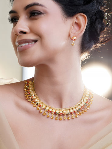 Temple Grace Green-Pink Golden Necklace Set