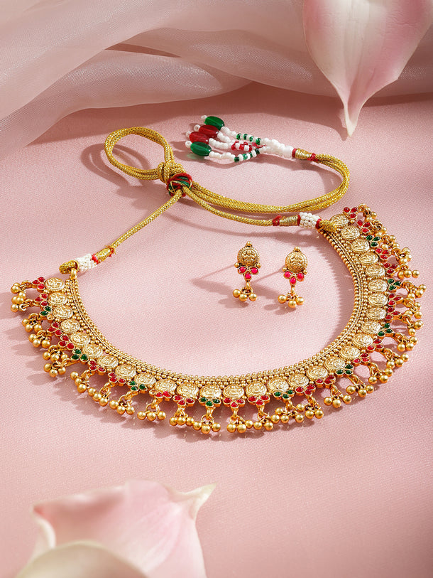 Temple Grace Green-Pink Golden Necklace Set