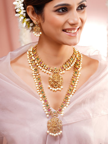 Gold Plated Bridal Grace Lakshmi Pearl Layered Necklace Set