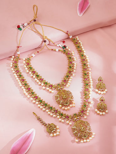 Gold Plated Bridal Grace Lakshmi Pearl Layered Necklace Set