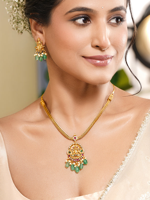 Temple Pendant Pastel Green Bead Necklace Set