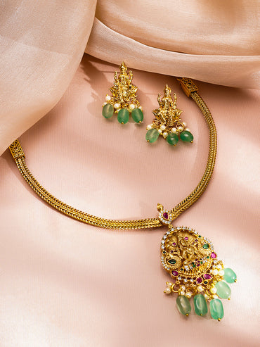 Temple Pendant Pastel Green Bead Necklace Set