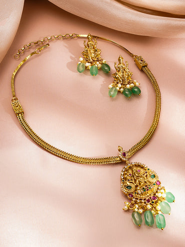 Temple Pendant Pastel Green Bead Necklace Set