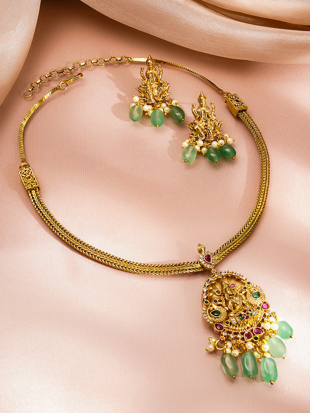 Temple Pendant Pastel Green Bead Necklace Set