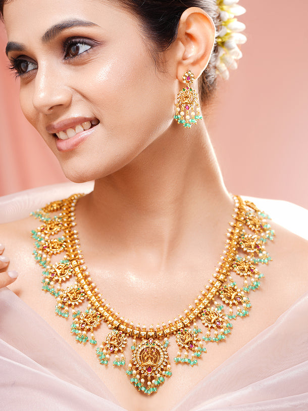 Gold Plated Kundan Blue Beaded Laxmi Motif Necklace Set