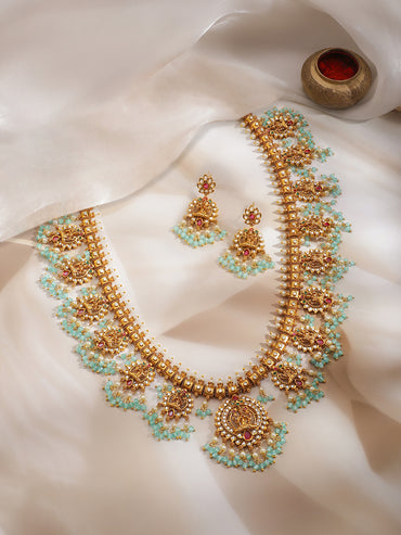 Gold Plated Kundan Blue Beaded Laxmi Motif Necklace Set