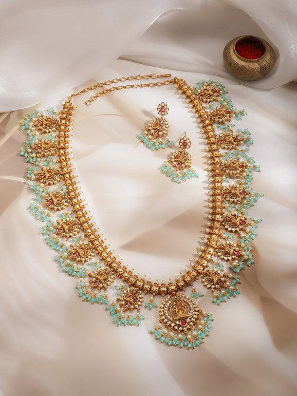 Gold Plated Kundan Blue Beaded Laxmi Motif Necklace Set
