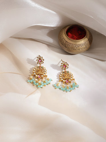 Gold Plated Kundan Blue Beaded Laxmi Motif Necklace Set