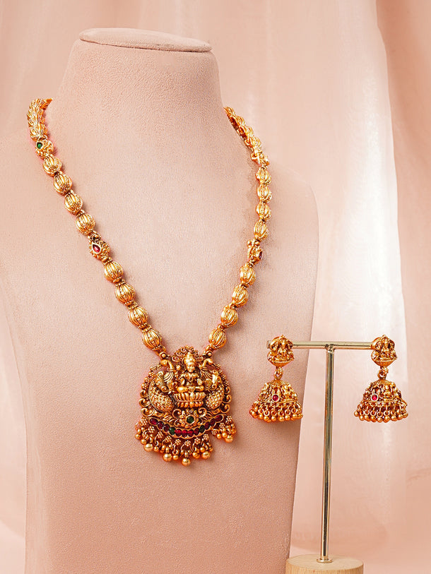 Gold Plated Temple Lakshmi Pendant Necklace Set